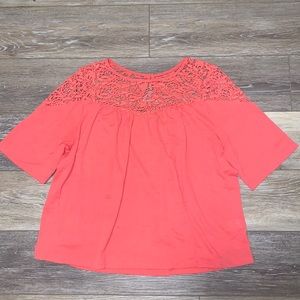 Coral Colorec Lace Neck Short Sleeve  Blouse
